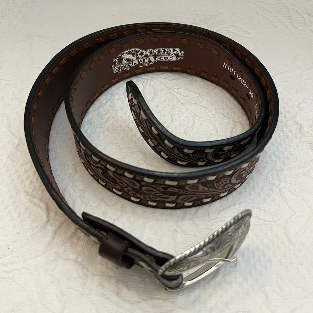 Nocona tooled brown leather belt contrast seam EUC - Picture 2 of 11